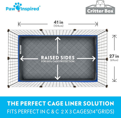 Paw Inspired Critter Box Washable Cage Liner, Reversible Fleece Bedding with Raised Sides for Guinea Pigs and Other Small Animals (C&C 2x3 (14" Grids), Gray/Green)