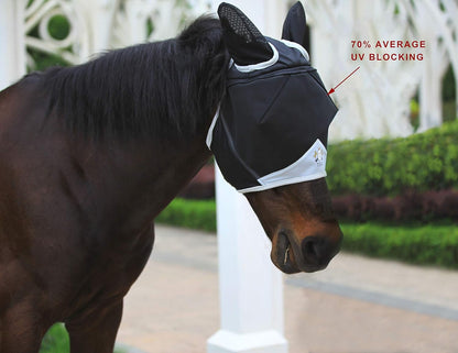 T TEKE Fine Mesh Horse Fly Mask w/Ears, UV Blocking 3D Eye Visor with Extra Fleece Cushioned Forehead, Protection from Insect Pests