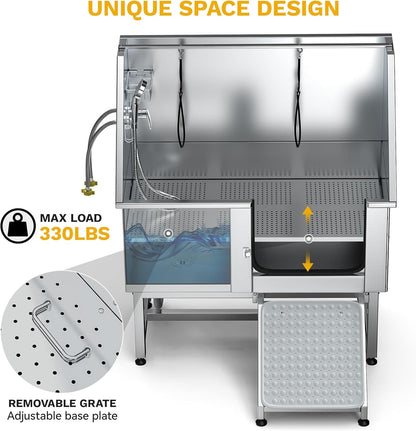 DWVO Professional Pet Dog Bathing Station for Grooming, 50'' Dog Grooming Bathtub with Right Ramp, Floor Grate, Faucet, Showerhead & Soap Holder for Large, Medium & Small Pets