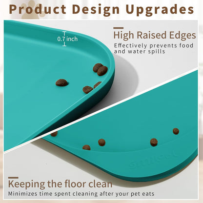 Silicone Pet Feeding Mat with Raised Edge & Residue Collection Pocket for Food and Water, Dog Bowl Mats, Cat Bowls Placemat with High Lip for Floor Waterproof, 19 x 12 x 0.7 Dark Turquoise