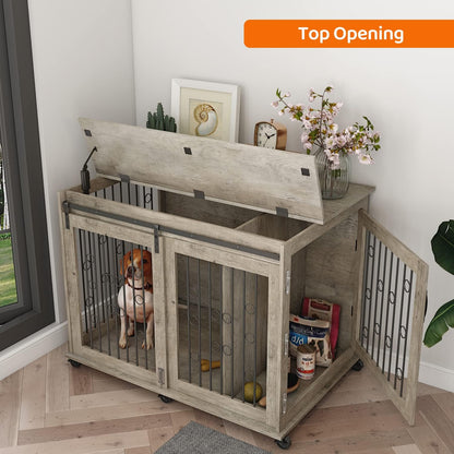 IchbinGo Large Dog Crate Furniture with Sliding Barn Door, 43.7" Wooden Dog Kennel End Table with Wheels and Flip-top Plate Dog House with Detachable Divider for Small/Medium/Large Dog (Rustic Grey)