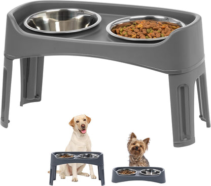 IRIS USA Elevated Dog Bowls, Adjustable Height, 2 Thick 64 oz Stainless Steel Bowls, Spill-Proof with Raised Outer Rim, Durable Made in USA Plastic, Easy Assemble, 2 Heights 4.63" or 12.25" Dark Gray