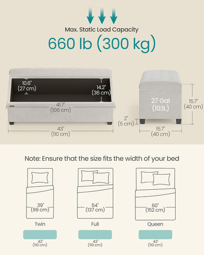 SONGMICS Velvet Storage Ottoman Bench, Foot Rest with Legs, 15.7 x 43 x 15.7 Inches, End of Bed Bench, Storage Chest, Load up to 660 lb, for Living Room, Bedroom, Entryway, Cream White ULSF089W01