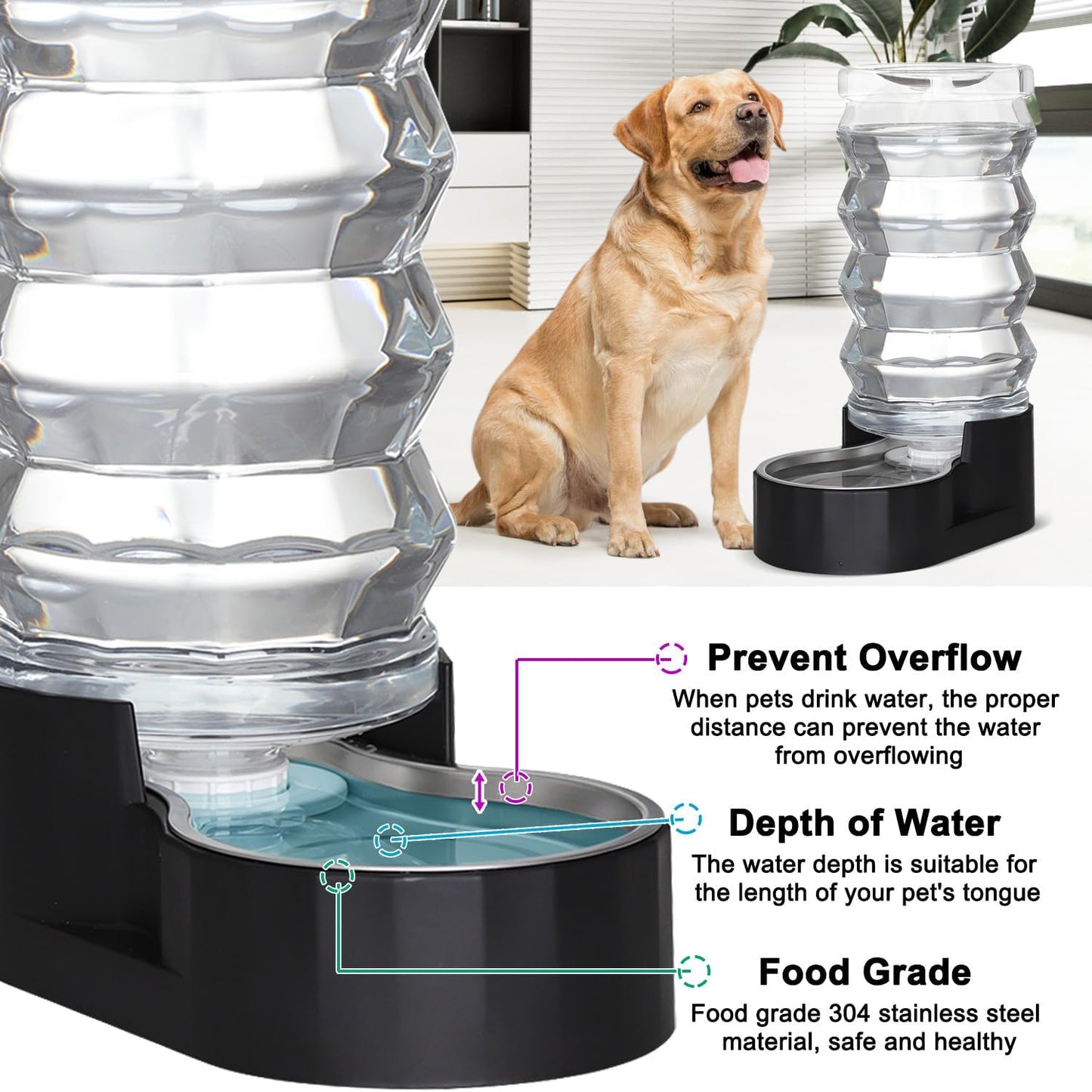 Sfozstra Automatic Pet Water Dispenser: 9L Black Lagre Dogs Stainless Steel Gravity Feeder - Convenient Drinking Water Dispenser Designed for Dogs and Cats