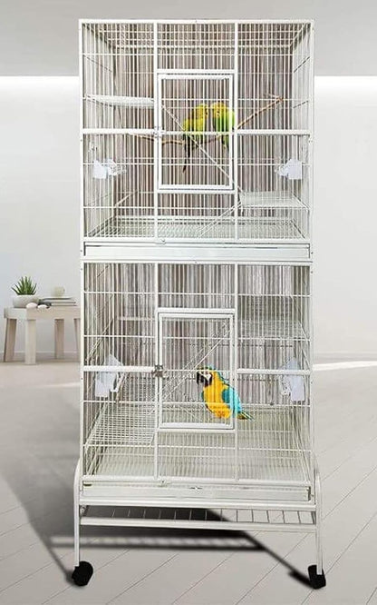 Extra Large Double Stacker Breeding Flight Bird Wrought Iron Double Parrot Bird Breeder Cage Side Nesting Box Doors Easy Clean Pull Out Metal Grate and Tray with Removalbe Rolling Stand