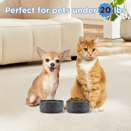 SPUNKYJUNKY Ceramic Dog and Cat Bowls 2 Pack, 5.1'' Dog and Cat Food Water Double Feeding Bowls Non-Slip for Cats and Puppy Small Sized Breed Dogs Microwave Dishwasher Safe - 13.5 OZ, 2pcs, Paw Black