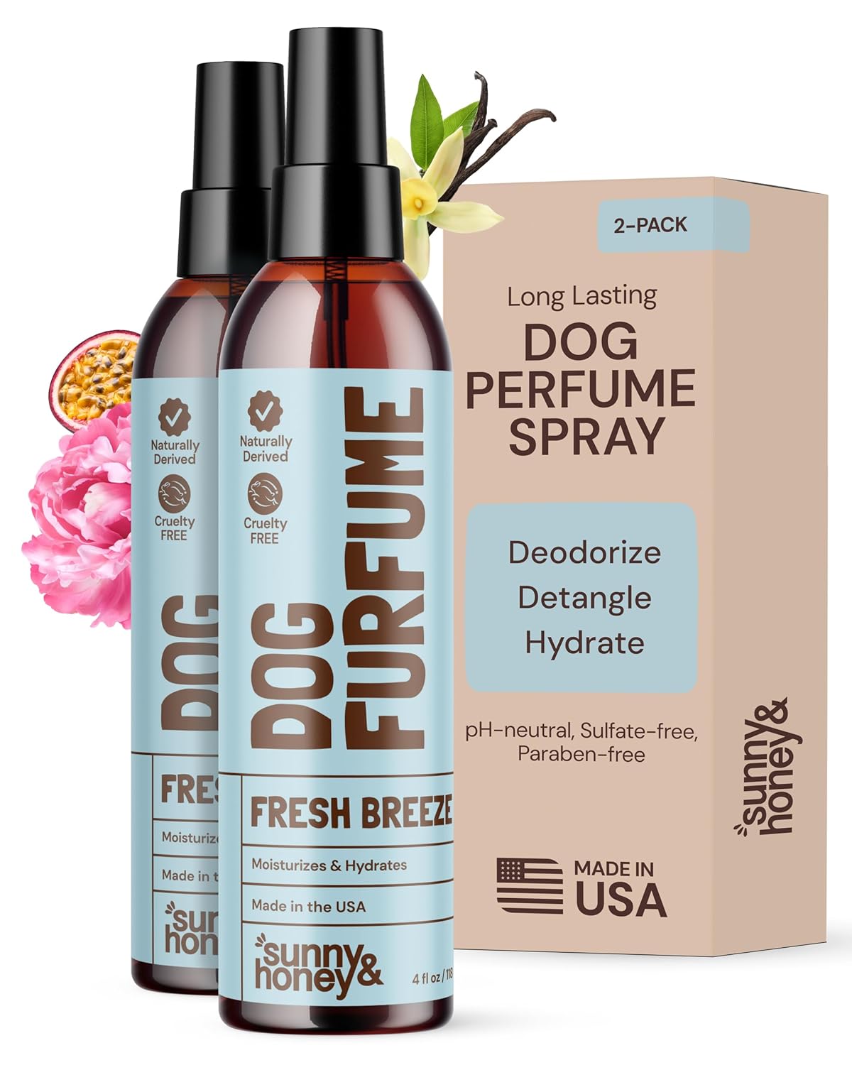 Sunny & Honey Dog Perfume Spray Long Lasting - 4 fl oz (2-Pack) - Deodorizing, Detangling & Hydrating with Avocado Oil & Silk Protein - pH Balanced Dog Cologne Spray - Fresh Breeze Scent