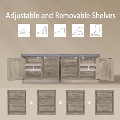 DINZI LVJ Shoe Bench, Entryway Storage Bench with Doors, Cushion, 2-Tier Shoe Rack with 8-Cubby, 47.2”L x 13.8”W Shoe Organizer Cabinet, Adjustable Shelf, Living Room, Bedroom, Gray Wash
