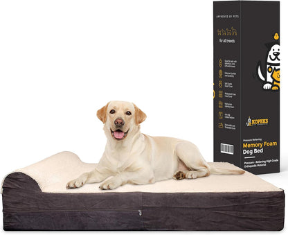KOPEKS Jumbo Orthopedic Dog Bed - 7-inch Thick Memory Foam Pet Bed with Pillow with Removable Cover & Free Waterproof Liner - for Large Breed Dogs, XL, Brown-Plush Top