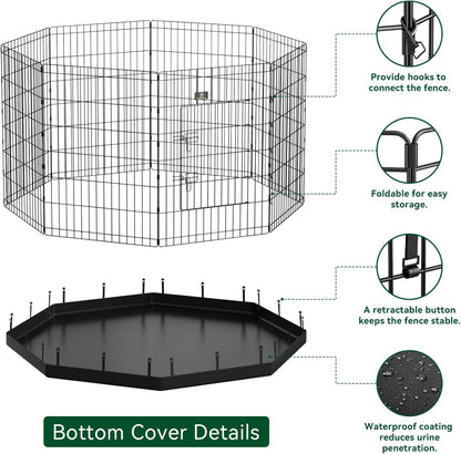 PJYuCien Dog Playpen, 8 Panels 24’’H Dog Pens Indoor with Bottom Pad, Metal Foldable Pet Puppy Exercise Fence Crate Kennel, Better for Small Animals, Black