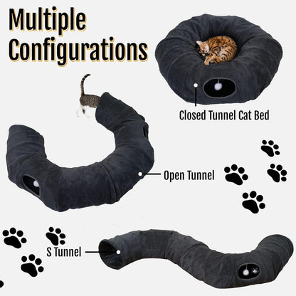 R1M Cat Tunnel Bed for Indoor Cats, Cute Cat Donut Tunnel Toys for Small, Larger Cats with Two Fish Cat Toys, Round Pet Peekaboo Cave Toy for Kitten, Dark Grey