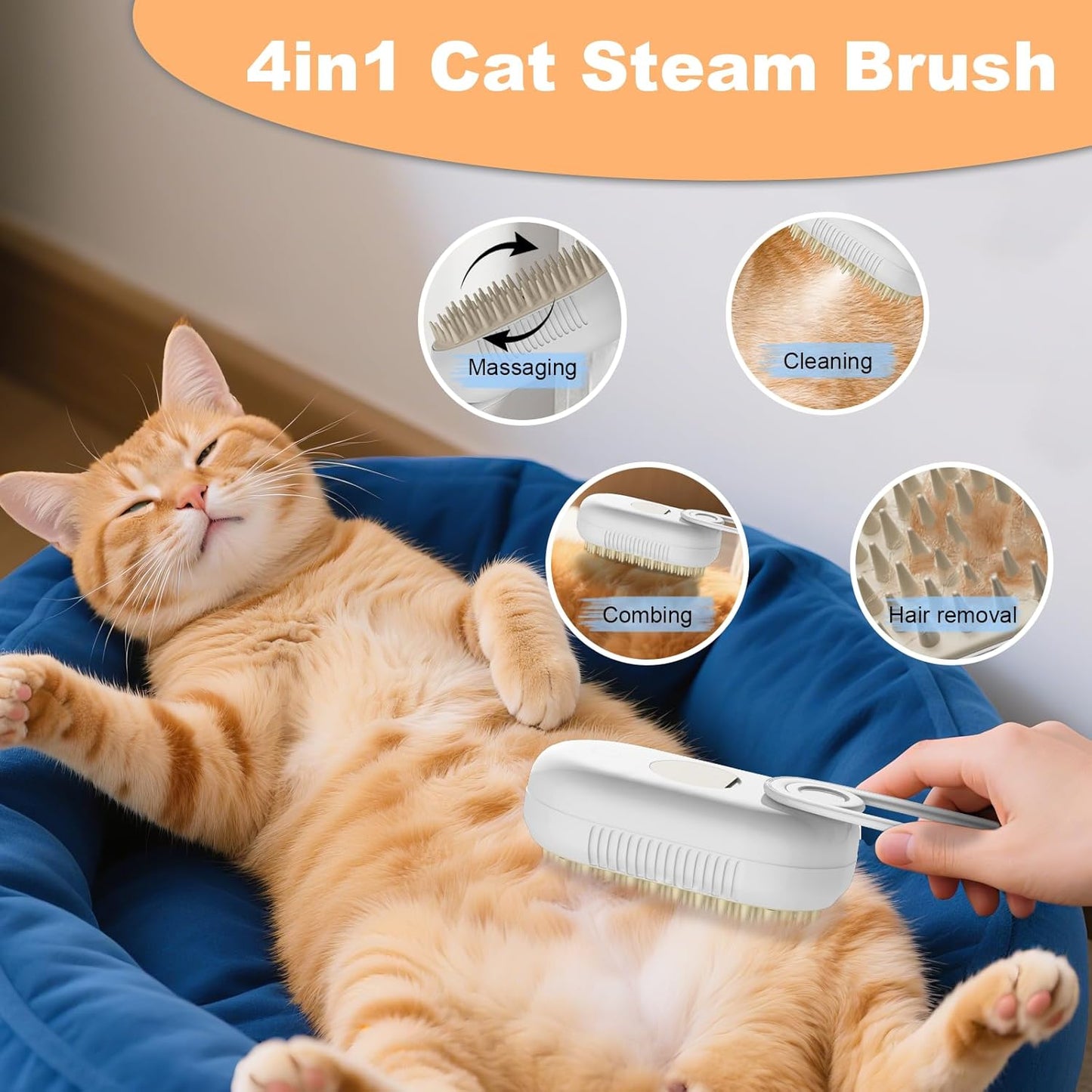 4 in 1 Cat Steam Brush for Shedding，Rechargeable Steam Pet Brush With Rotating Handle for Massaging, Self-Cleaning, and Pet Hair Removal for Long and Short Hair of Cat and Dog （Beige）