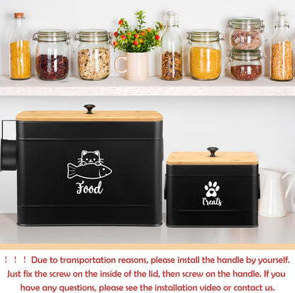 Extra Large Metal Cat Food Containers Airtight 12+3.5 lbs Cat Treat Snack Jars Set of 2 with Bamboo Lids and Spoons Farmhouse Big Pet Cookie Storage Jars for Kitchen Counter Gifts(Black)