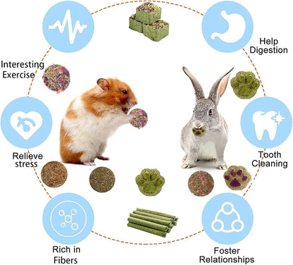 Grddaef Rabbit Toys, Guinea Pig Toys 25 Pcs Natural Timothy Hay Bunny Chews and Treats for Hamster Chinchilla Gerbil