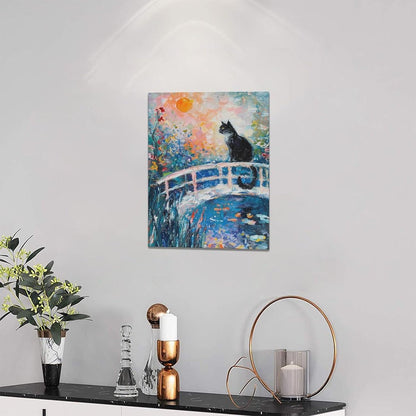 Quorin Black Cat Wall Art Water Lily Sunset Pictures Cat Wall Decor Impressionism Canvas Print Painting Artwork for Bathroom Living Room Bedroom 12"x16"