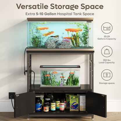Bestier 20-29 Gallon Fish Tank Stand with Power Outlets, Metal Long Aquarium Stand with Storage Cabinet, 31x15 Reptile Terrarium Stand with Horizontal Gold Line, Stainless Hooks, 350 Lbs(Black)