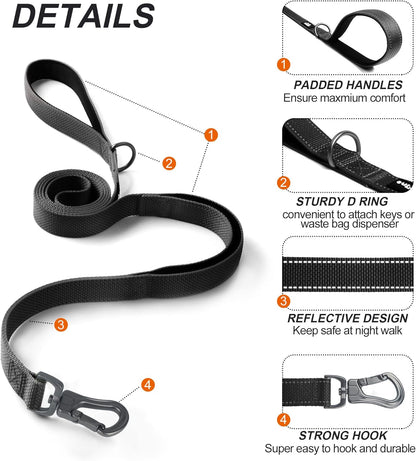 TwoEar 4FT 1IN Strong Black Dog Leash with 2 Padded Handles, Traffic Handle Extra Control, Comfortable Soft Dual Handle, Auto Lock Hook, Reflective Walking Lead for Small Medium and Large Dogs