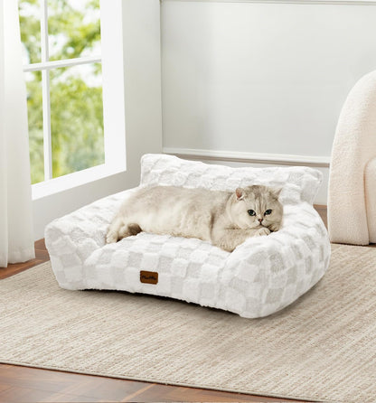 Made4Pets Cat Couch Bed, Soft Faux Fur Checkered Pet Sofa, Calming Fluffy Cat Sofa with Supportive Foam, Removable Washable Cover with Non-Slip Base, White, Small