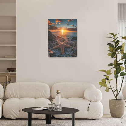 Beach Starfish Wall Decor Ocean Starfish Wall Art Sunset Scenery Coastal Theme Pictures Canvas Nature Seascape Painting Print Framed Artwork Decorations for Home Bathroom Living Room Bedroom Office 12"x16"