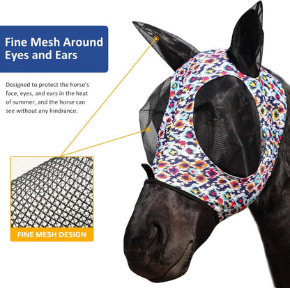 Harrison Howard Super Comfort Stretchy Fly Mask Large Eye Space with UV Protection Soft on Skin with Breathability Geo Feather M