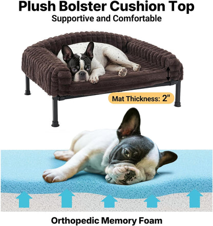 Veehoo Elevated Dog Bed with Bolster Cushion, Fluffy Plush Dog Couch Beds for Small Dogs, Cats, Washable Raised Pet Cot with Non-Slip Feet for Indoor or Patios Use, 30 x 20 Inches, Brown
