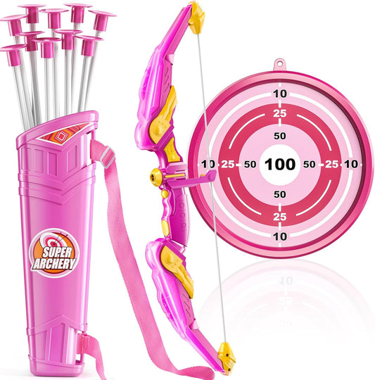 TEMI Bow and Arrow Set for Kids - Archery Toy Set - LED Light Up with Suction Cup Arrows, Target &