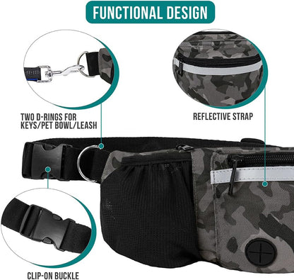 PetAmi Dog Fanny Pack, Treat Pouch for Dog Walking, Training, Built in Poop Bag Dispenser, Water Bottle Holder, Collapsible Bowl, Pet Treat Waist Belt for Hiking, Running, Kibbles (Camo Black)