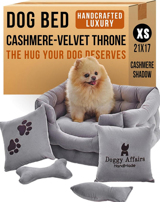 Luxury Dog Bed Chesterfield – Handcrafted Velvet Throne for Dogs | Joint Support, Calming & Temp-Regulating Comfort | Durable 5+ Years, Anti-Claw, Washable 100+ Times – XS, Gray
