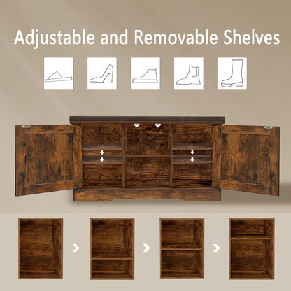 DINZI LVJ Shoe Bench, Entryway Storage Bench with Doors, Cushion, 2-Tier Shoe Rack with 6-Cubby, 31.5”L x 13.8”W Shoe Organizer Cabinet, Adjustable Shelf, Living Room, Bedroom, Rustic Brown