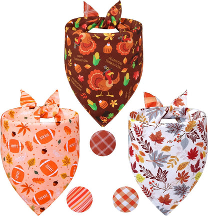 Thanksgiving Dog Bandanas Small 3PCS, 6 Pattern Fall Scarf for Boy and Girl, Pumpkin Leaves Rugby Triangle Reversible Bibs Breed for Puppy Pets