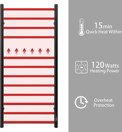 KEG Towel Warmer Wall Mounted with Built-in Timer 12 Bars Electric Stainless Steel Heated Towel Racks for Bathroom, Hot Plug-in Bath Towel Heater Matte Black
