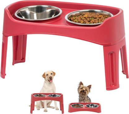 IRIS USA Elevated Dog Bowls, Adjustable Height, 2 Thick 64 oz Stainless Steel Bowls, Spill-Proof with Raised Outer Rim, Durable Made in USA Plastic, Easy Assemble, 2 Heights 4.63" or 12.25" Red