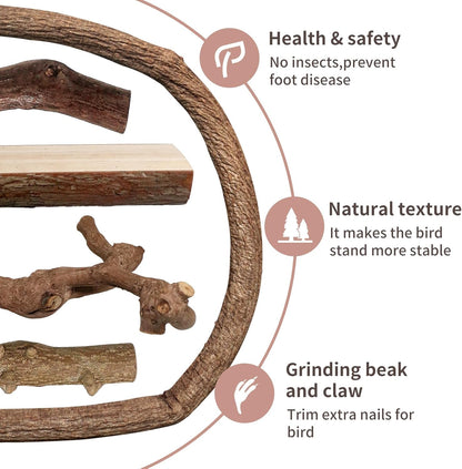 Bird Perches, 5pcs Natural Wood Birds Stand Branch, Bird Perch Chewing Stick Cage Accessories Parrot Climbing Standing Branches Paw Grinding Fork Sets for Cockatiels Ringneck Parrots