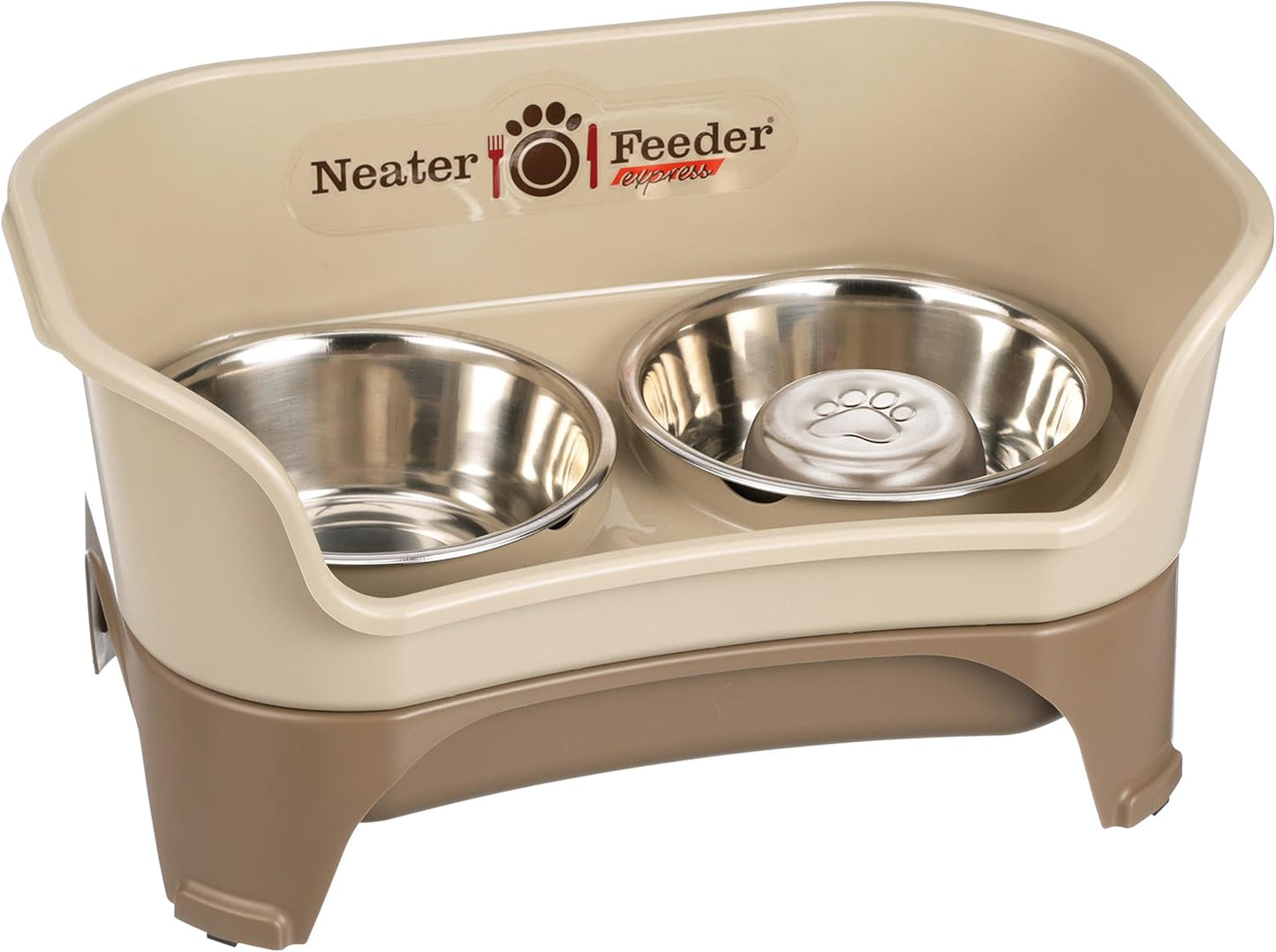 Neater Feeder - Express Model w/Slow Feed Bowl - Mess-Proof Dog Bowls (M/L, Cappuccino) Made in USA –Elevated, No Spill, Non-Tip, Non-Slip, Raised Stainless Steel Food/Water Pet Bowls Aid Digestion