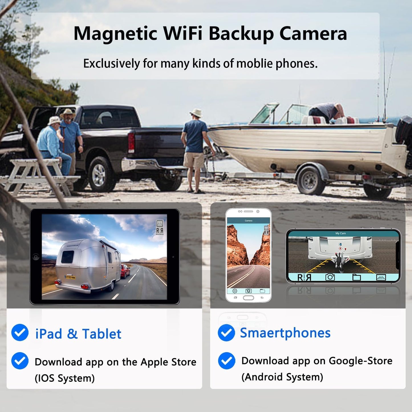 WiFi Magnetic Wireless Backup Camera, LASTBUS Rechargeable 2.4Ghz WiFi Rear Camera for Easy Hitching Gooseneck Horse Boat Travel Trailer Fifth Wheels RV Camper for iPhone iPad Android iOS Smartphone