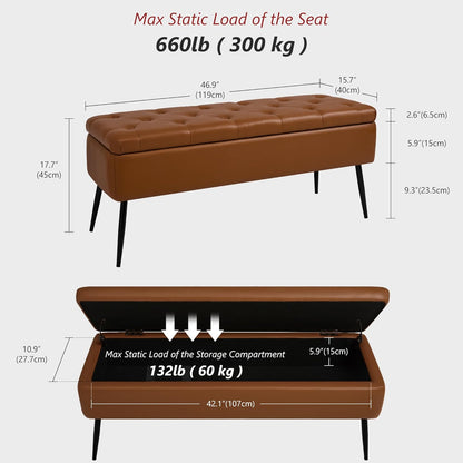 Leather Storage Ottoman Bench,End of Bed Bench for Living Room Bedroom Dinning Room Entryway,Mid-Century Modern,Faux Leather,with Steel Legs,Safety Hinges, Loads 660 lb (with Button, Brown)