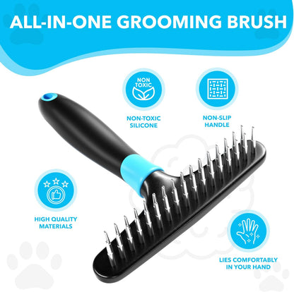 Deshedding Brush - Undercoat Rake for Dogs, Cats, Matted, Short, Long Hair Coats - Double Row Stainless Steel Pins - Reduce Shedding by 90% (Blue)