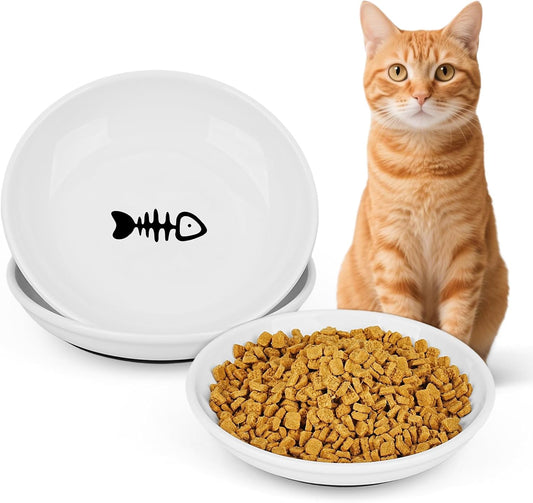 Ceramic Cat Food Bowls - 2 Pack Shallow Plates for Wet Food, Whisker-Friendly Feeding Dish with Non-Slip Silicone Base, Microwave & Dishwasher Safe for Indoor Cats & Kittens