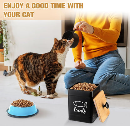 Metal Airtight Cat Food Containers Set of 3 with Bamboo Lids and Spoon 7+3+2 Lbs Cat Treat Storage Container Countertop with DIY Labels Pet Cookie Organizer Jars for Kitchen Counter(Black)
