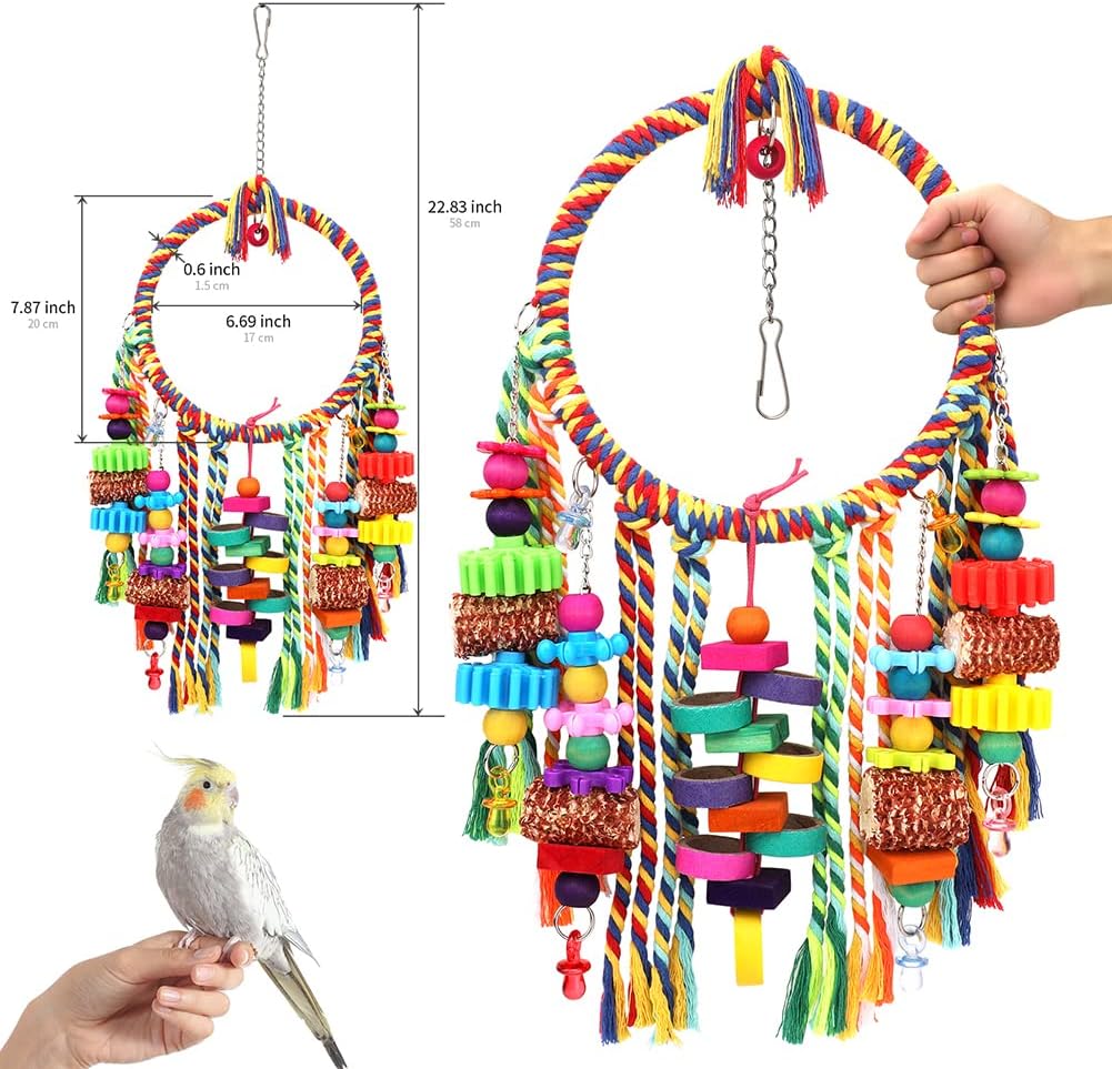 Bird Toys Bird Rope Ring Swing Perch with Corn Cob Cardboard Bagels Wooden Blocks Chewing Toys for Parakeets,Cockatiels,Conure,Lovebirds,Finches and Other Small-Sized Birds