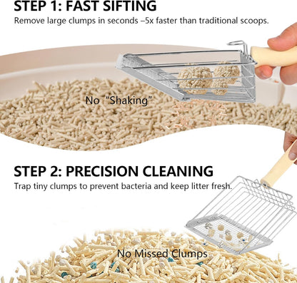 Litter Scooper, Metal Litter Scoop, Pooper Scooper with Wooden Handle, Cat Litter Scoop, Metal Scooper & Speed Sifter Deep Shovel Scoop Filter,Kitten Pooper Lifter for Litter Box