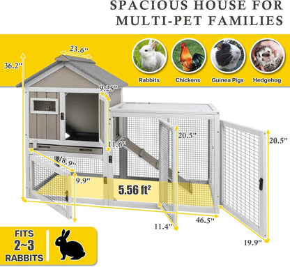 94''L Rabbit Hutch Outdoor Chicken Coop with Run, Wooden Indoor 2 Story Bunny House with Waterproof Roof, Pull Out Tray, Guinea Pig Rabbit Duck Cage for Small to Medium Animals and Pet Lover, Gray