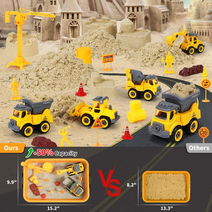 OENUX Play Sand Construction Set, Beach Building Castle Kit w/ 2.2lbs Play Sand, 4 Take Apart Construction Trucks Toys and Signs, Sensory Sandbox with Cover for Boy Girl Kid Toddlers Age 3-8