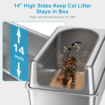 14'' High Sides XXL All Stainless Steel Cat Litter Box with Lid,XL Deep Metal Litter Box for Big Cats,Extra Large Litter Boxes with High Wall Enclosure,Anti-Leakage,Never Absorbs Odors,Non-Sticky