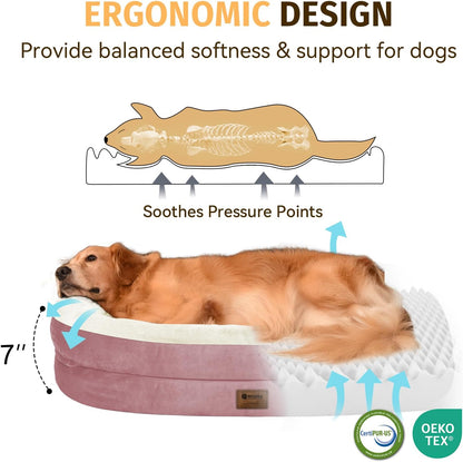 Orthopedic Waterproof Large Dog Bed: Memory FoamWashable Dog Bed with Bolsters - Removable Orthopedic Cover for Medium L XL Large Sized Pet - Non-Slip Bottom - Pink