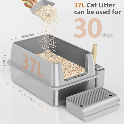 Stainless Steel Cat Litter Box with Lid, XL Extra Large Litter Box for Big Cats, Enclosed Removable Metal Litter Boxs with High Sided Enclosure & Scoop, Anti-Leakage, Non-Sticky, Easy Cleaning(Grey)