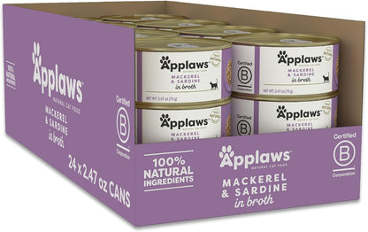 Applaws Natural Wet Cat Food in Broth, Limited Ingredient Canned Wet Cat Food, No Additives, Made with Natural Ingredients, Mackerel & Sardine in Broth (24 x 2.47oz Cans)