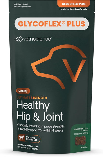 VetriScience Ultimate Strength Healthy Hip & Joint Chews, GlycoFlex Glucosamine, Chondroitin & Green-Lipped Mussel Joint Support Supplement for Dogs, Soothe Joint Discomfort, Peanut Butter, 120 Count