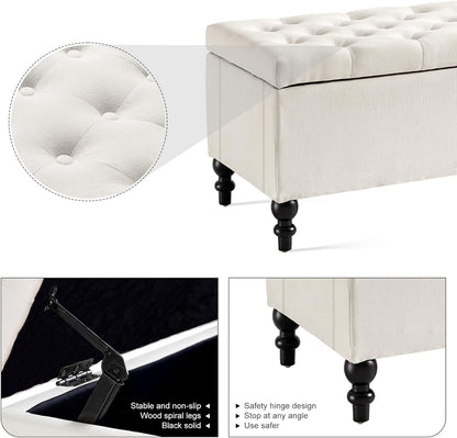 Ottoman with Storage,50.2-inch Upholstered End of Bed Storage Bench for Bedroom,for The Living Room,for Entryway, with Tray & Button and Safety Hinges,Detachable (White)
