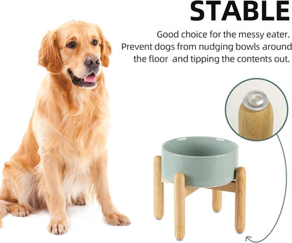 Ceramic 7.3inch Raised Dog Bowl Set, Elevated with Wooden Stand, Food and Water Bowl for Medium Breed Dogs, Weighted Dog Dishes, Pet Feeder(Light Green)